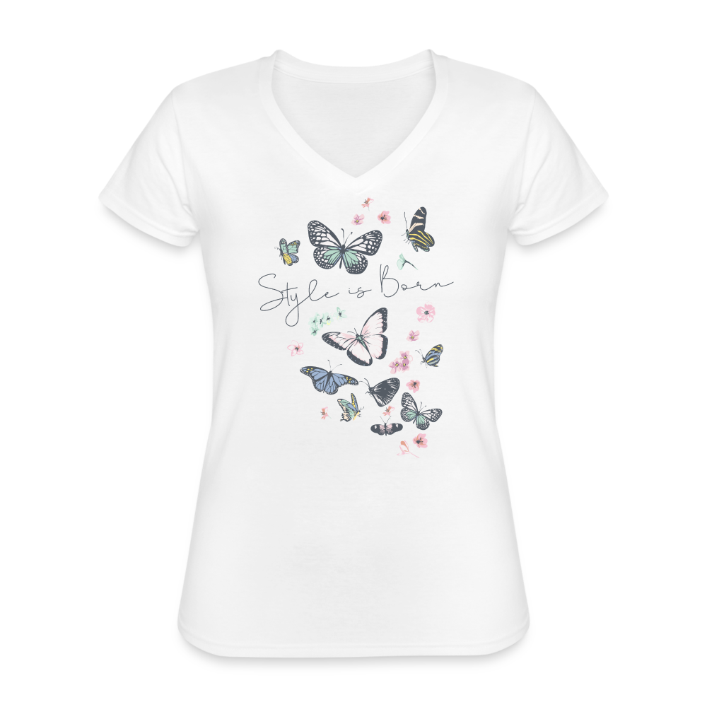 Butterfly Style Klassisches Frauen-T-Shirt mit V-Ausschnitt - weiß