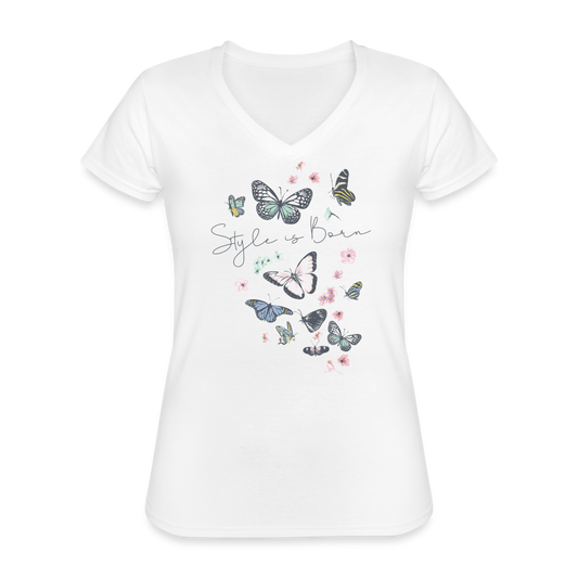 Butterfly Style Klassisches Frauen-T-Shirt mit V-Ausschnitt - weiß