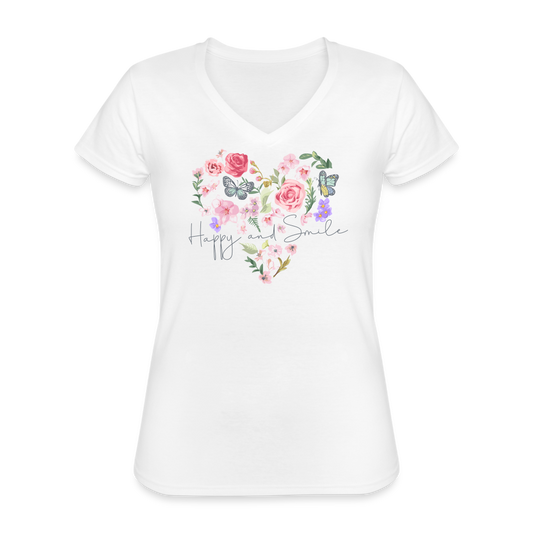 Happy Flower Klassisches Frauen-T-Shirt mit V-Ausschnitt - weiß