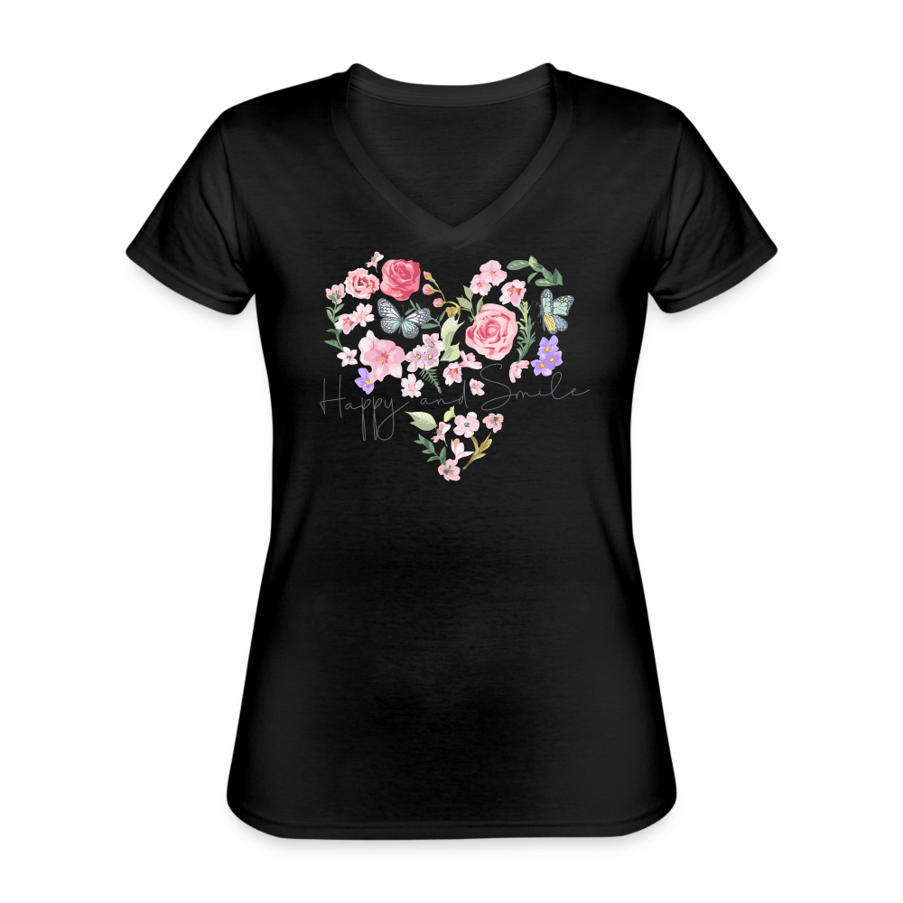 Happy Flower Klassisches Frauen-T-Shirt mit V-Ausschnitt - Schwarz