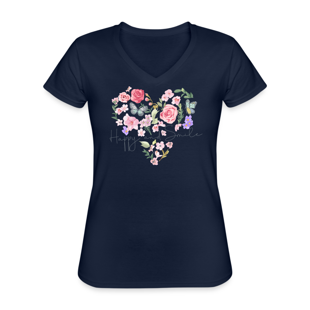 Happy Flower Klassisches Frauen-T-Shirt mit V-Ausschnitt - Navy
