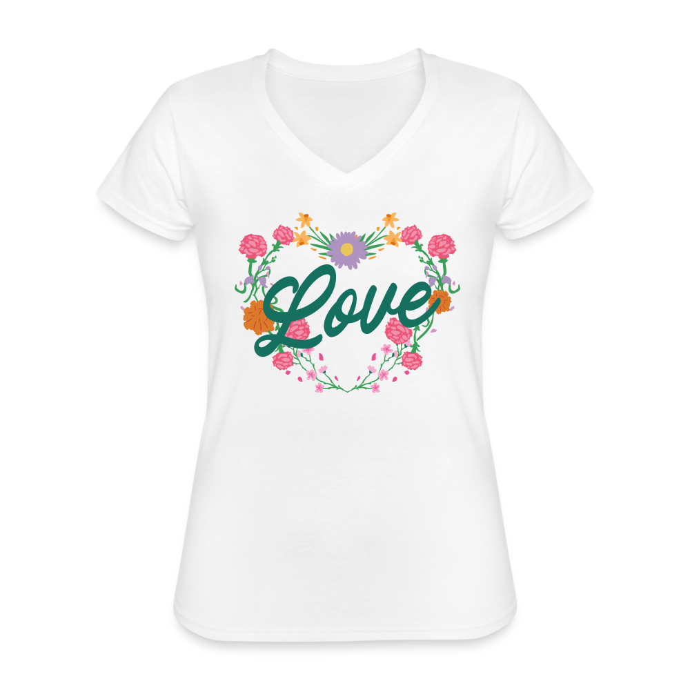 Flowers love Klassisches Frauen-T-Shirt mit V-Ausschnitt - weiß