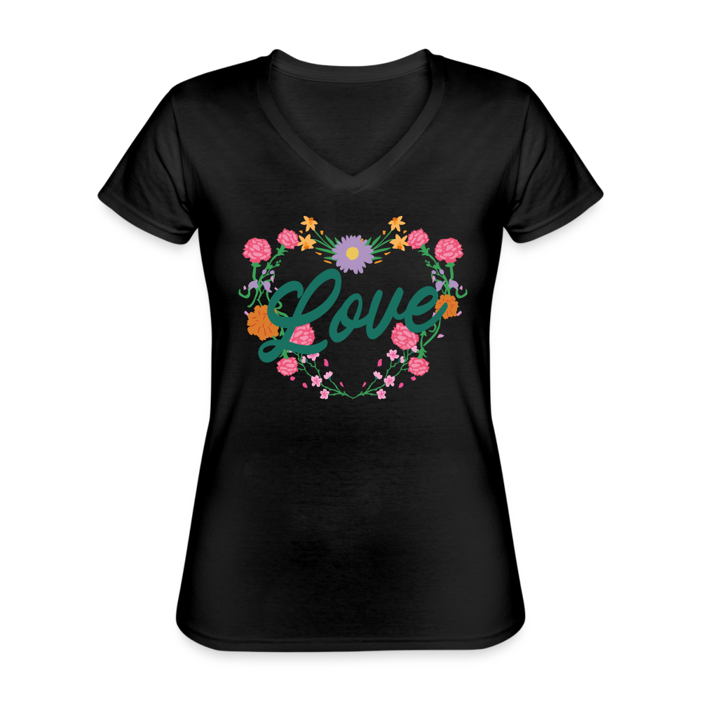 Flowers love Klassisches Frauen-T-Shirt mit V-Ausschnitt - Schwarz