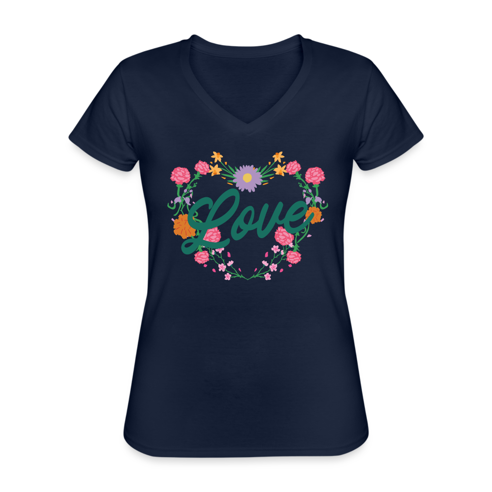 Flowers love Klassisches Frauen-T-Shirt mit V-Ausschnitt - Navy